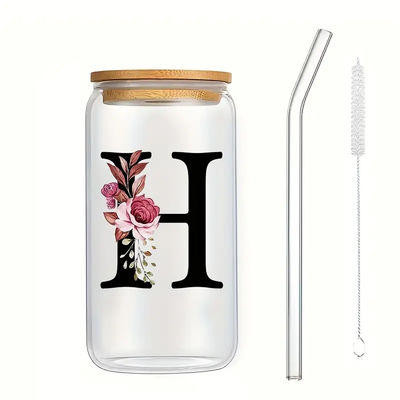 주문 우아한 맞춤형 로고 16oz 수분 유리 병 맑은 꽃 글자 콜라 캔 유리 컵 대나무 뚜?? 과 빨대 8*15cm online manufacture