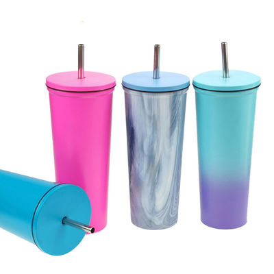 주문 재사용 가능 700ml 넓은 입자 맞춤 로고 스테인레스 스틸 텀블러 스테인레스 스틸 개인 여행 머그와 빨대 두 개의 벽 진공 구조 online manufacture