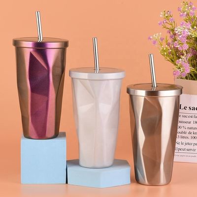 주문 패션 디자인 480ml 개인화 스테인리스 스틸 컵 짚 캔터리 스타일 경사 불규칙 스테인리스 스틸 차 컵 여행용 online manufacture