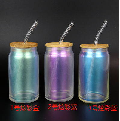 주문 뚜?? 과 빨래로 된 컬러 글래스 컵 18oz 보로실리케이트 글래스 얼음 커피 컵 대나무 뚜?? 으로 된 스무시 글래스 빨래 재사용 가능한 컬러  글래스 가구 세트 4팩 online manufacture