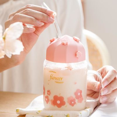 주문 높은 외모 레벨 체리 꽃 유리 컵 짚 실리콘 뚜?? 과 귀여운 꽃 소녀 음료 컵 online manufacture