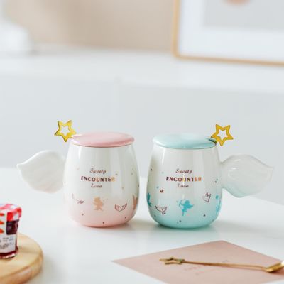 주문 천사 날개 로맨틱 큐피던 커플 컵 그라디언트 세라믹 만화 컵 남자와 여자 꽃 차 컵 online manufacture