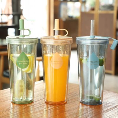 주문 Simple Double-layer Large Capacity Plastic Straw Cup Creative Student Transparent Milk And Juice Water Bottle 온라인 제조