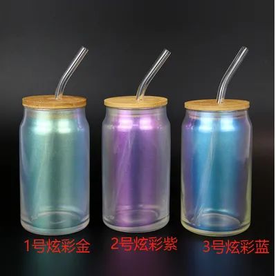 뚜?? 과 빨래로 된 컬러 글래스 컵 18oz 보로실리케이트 글래스 얼음 커피 컵 대나무 뚜?? 으로 된 스무시 글래스 빨래 재사용 가능한 컬러  글래스 가구 세트 4팩