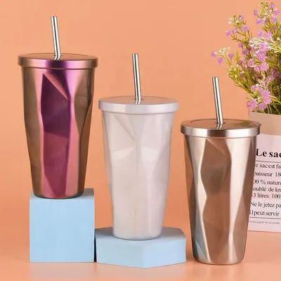 패션 디자인 480ml 개인화 스테인리스 스틸 컵 짚 캔터리 스타일 경사 불규칙 스테인리스 스틸 차 컵 여행용