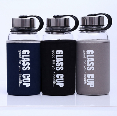 850ml/1000ml 큰 크기의 스포츠 유리 병 고 보로실리케이트 내구성 깨지지 않는 유리 물병 1 리터 누출 및 유출에 대한 나일론 수갑